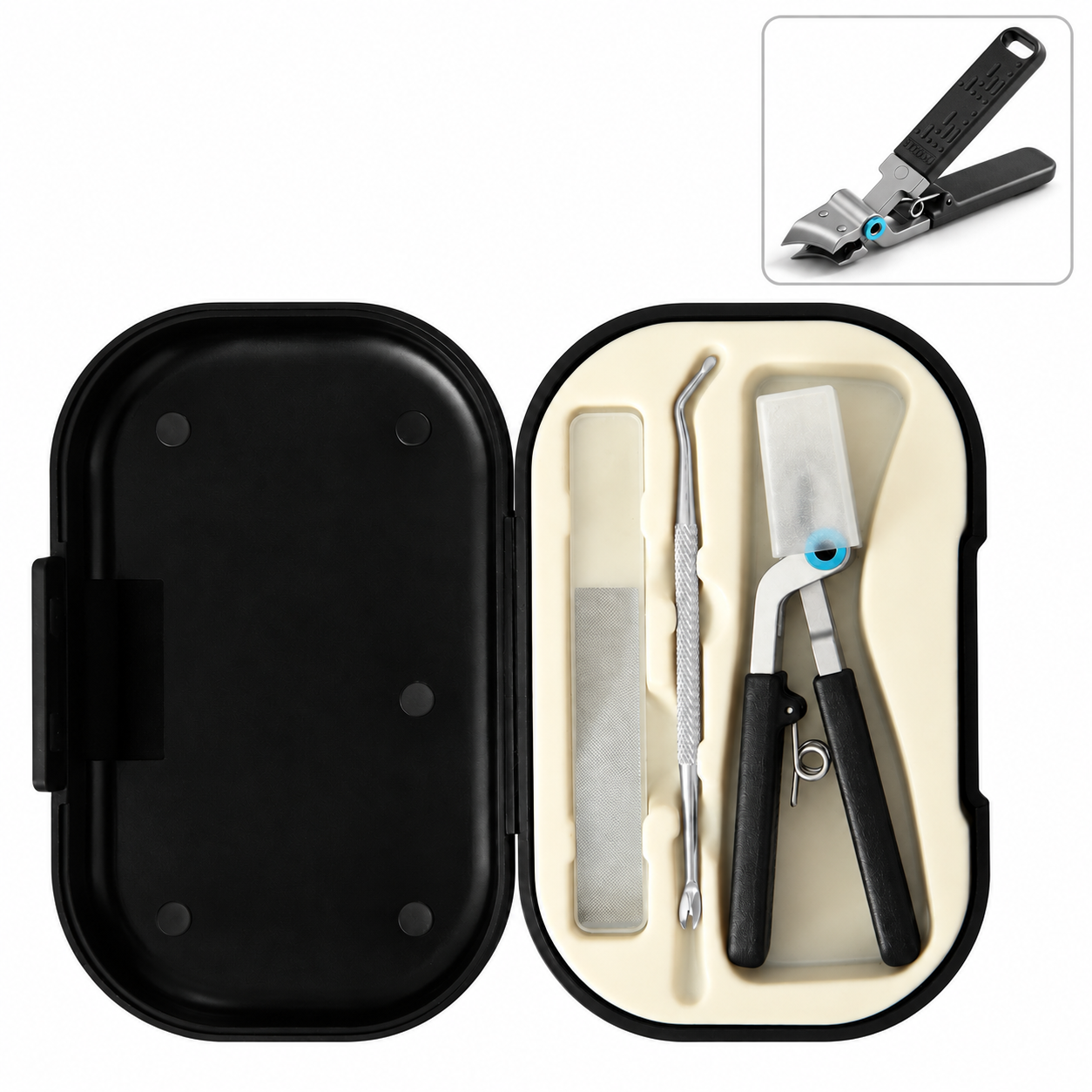OLOEY 3-Piece Angled Nail Clipper Set with Cuticle Tool and Glass Nail File, Black