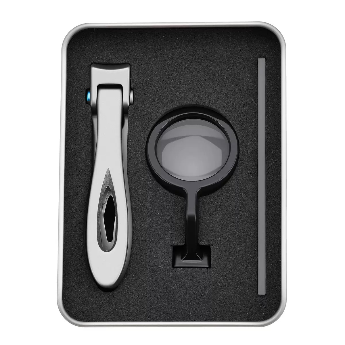 OLOEY 3-Piece Nail Clipper Set with Nail File and Detachable Magnifier, Silver and Black